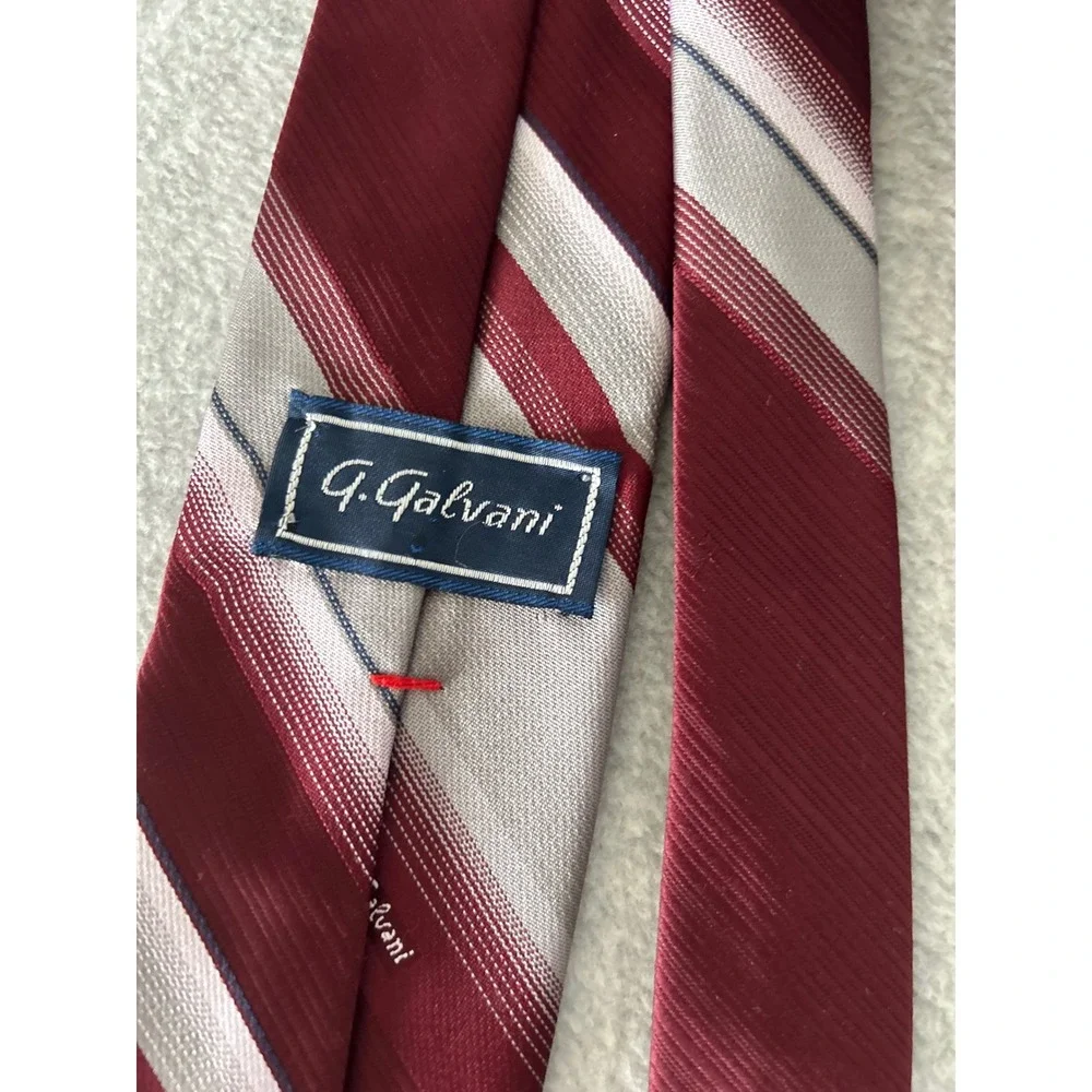G Galvani Mens Silk Tie Burgundy Red Silver‎ White Striped Formal Necktie